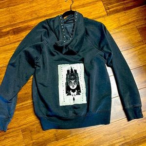 Crust punk hoodie with patch studs and thumb holes